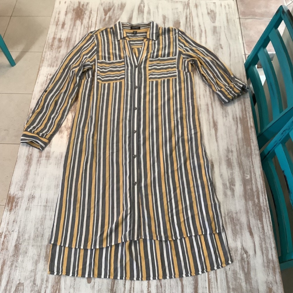 Jones New York Multi Color Striped Button Up Long‎ Tunic Shirt Dress Medium